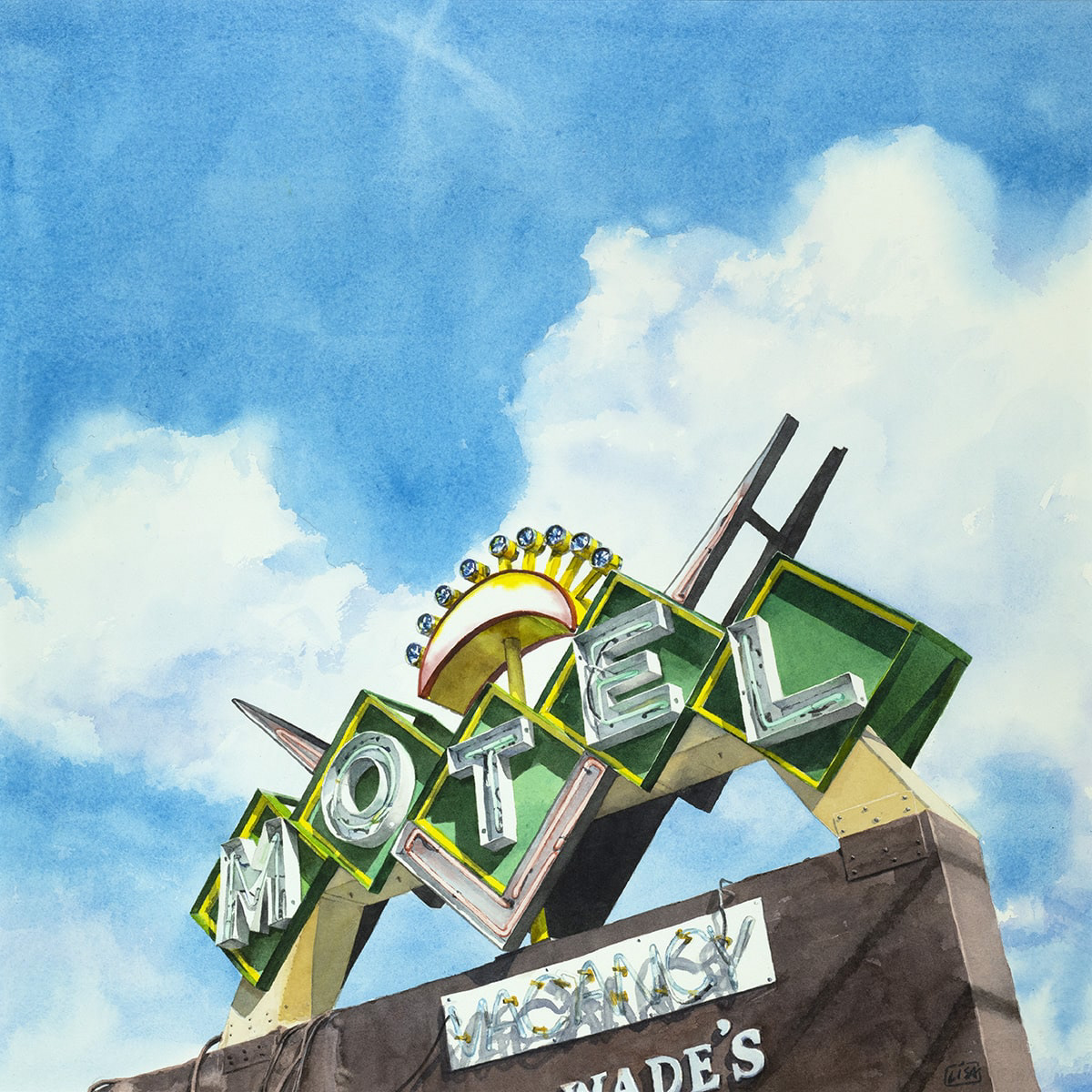 Painting of Wade’s Motel in Titusville at the base and mostly clouds & sky, square format
