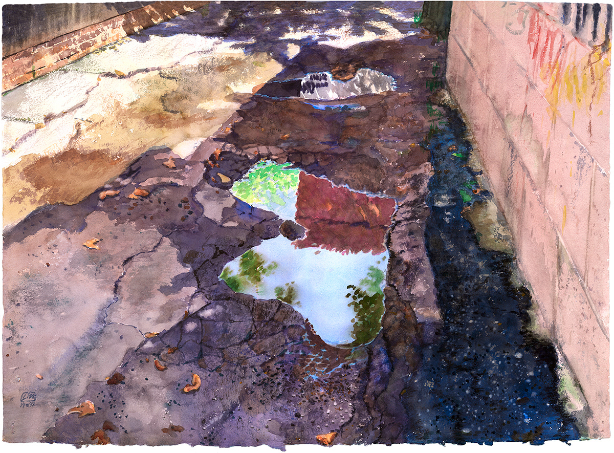 image of watercolor painting with water reflections in the street potholes