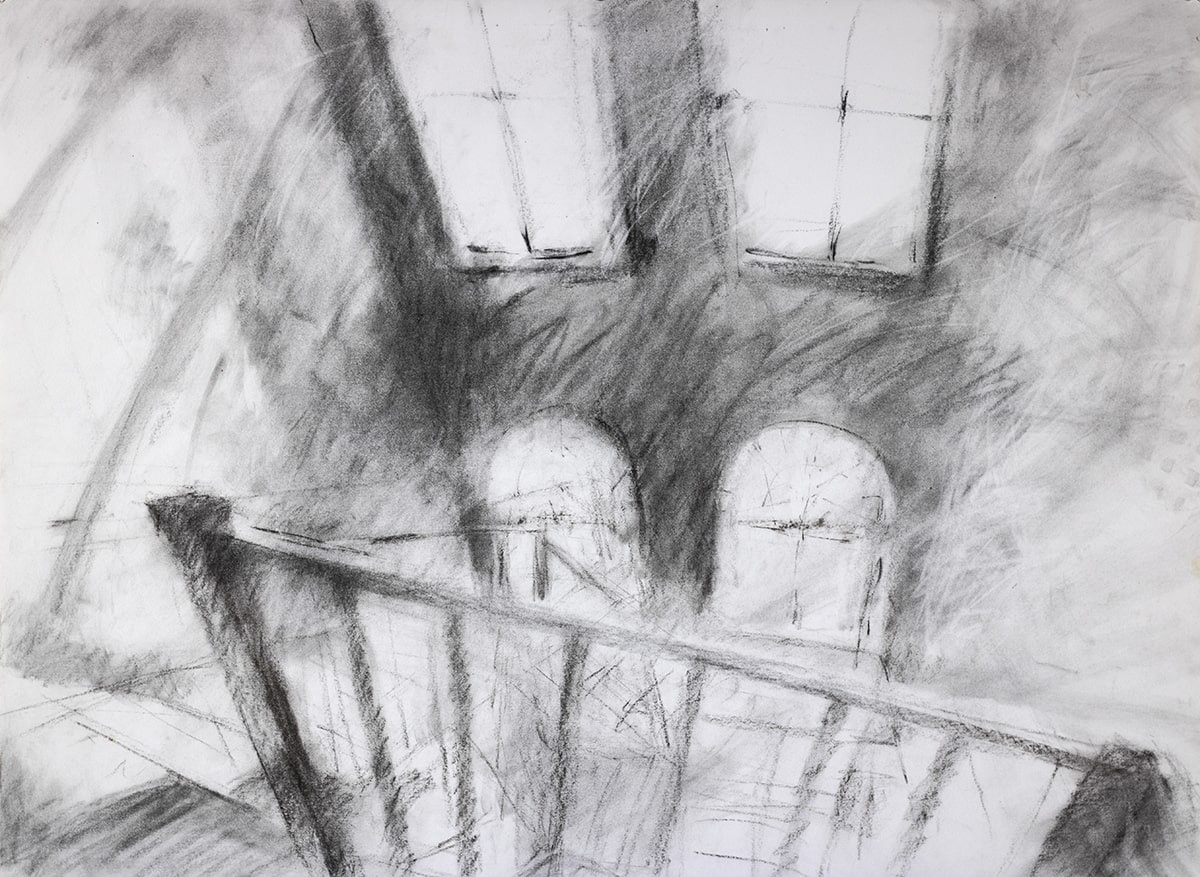 image of a charcoal drawing depicting a staircase with railing and tall windows on the opposite wall