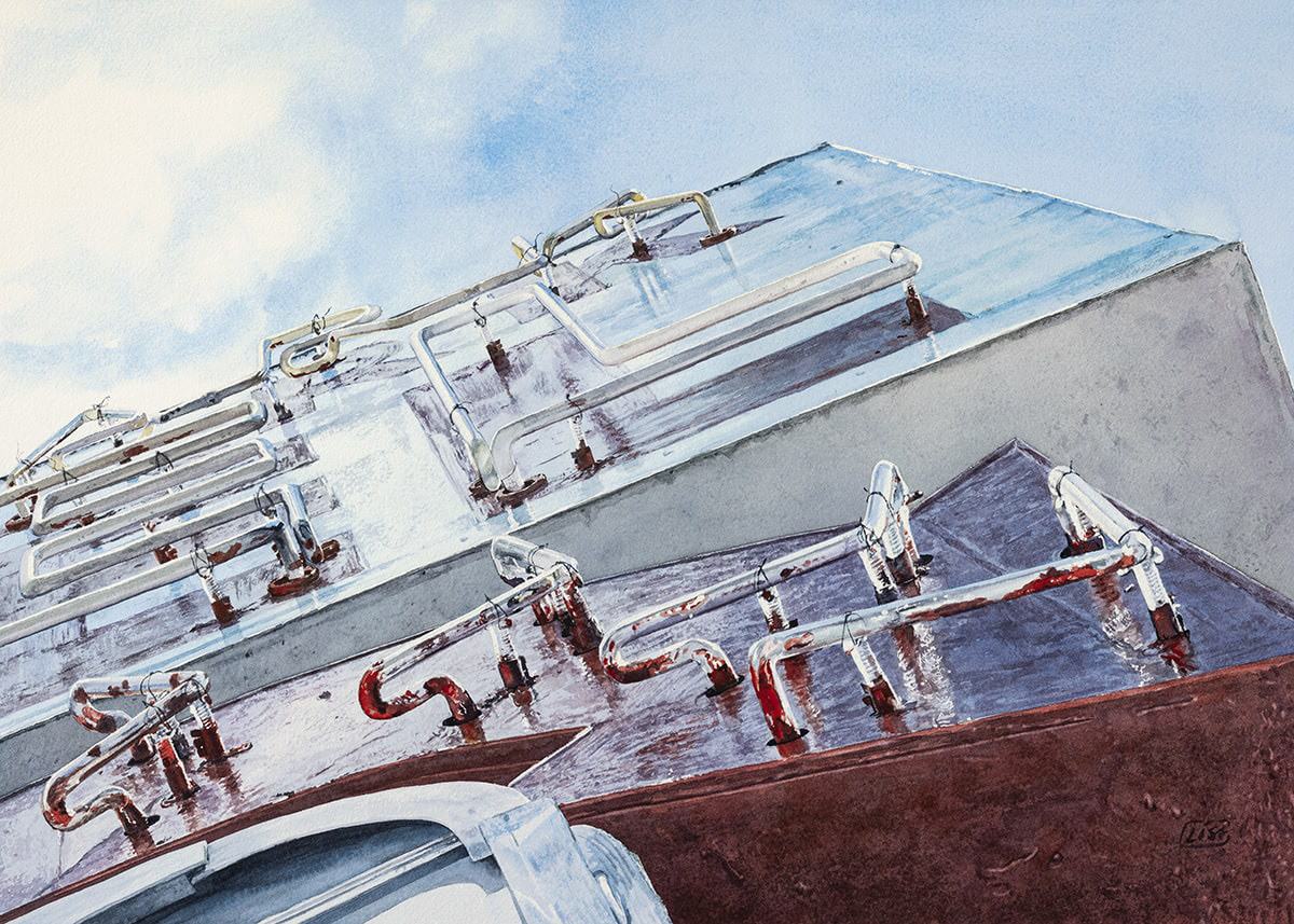 watercolor painting looking up at a neon sign and clouded sky