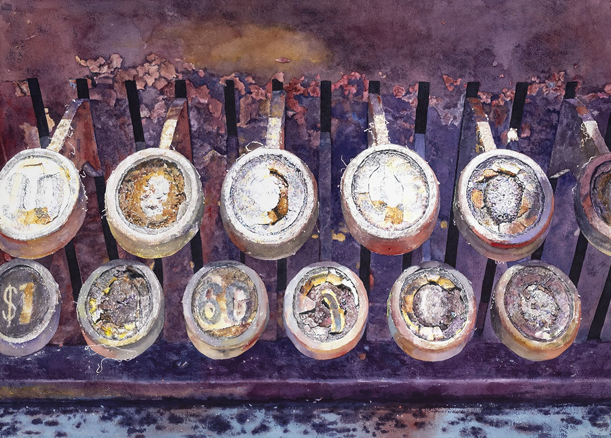 image of a watercolor painting showing a set of old worn keys on a cash register