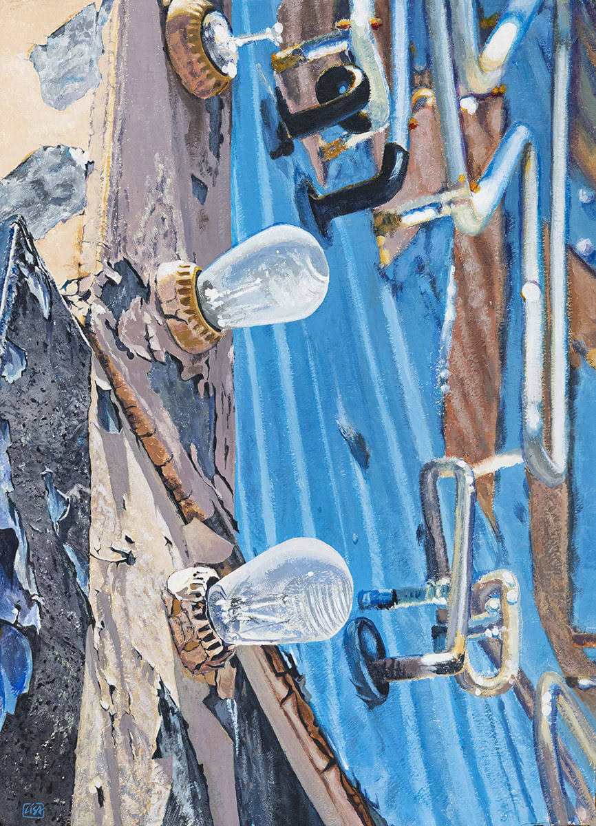 image of a painting showing close up of light bulbs on a sign