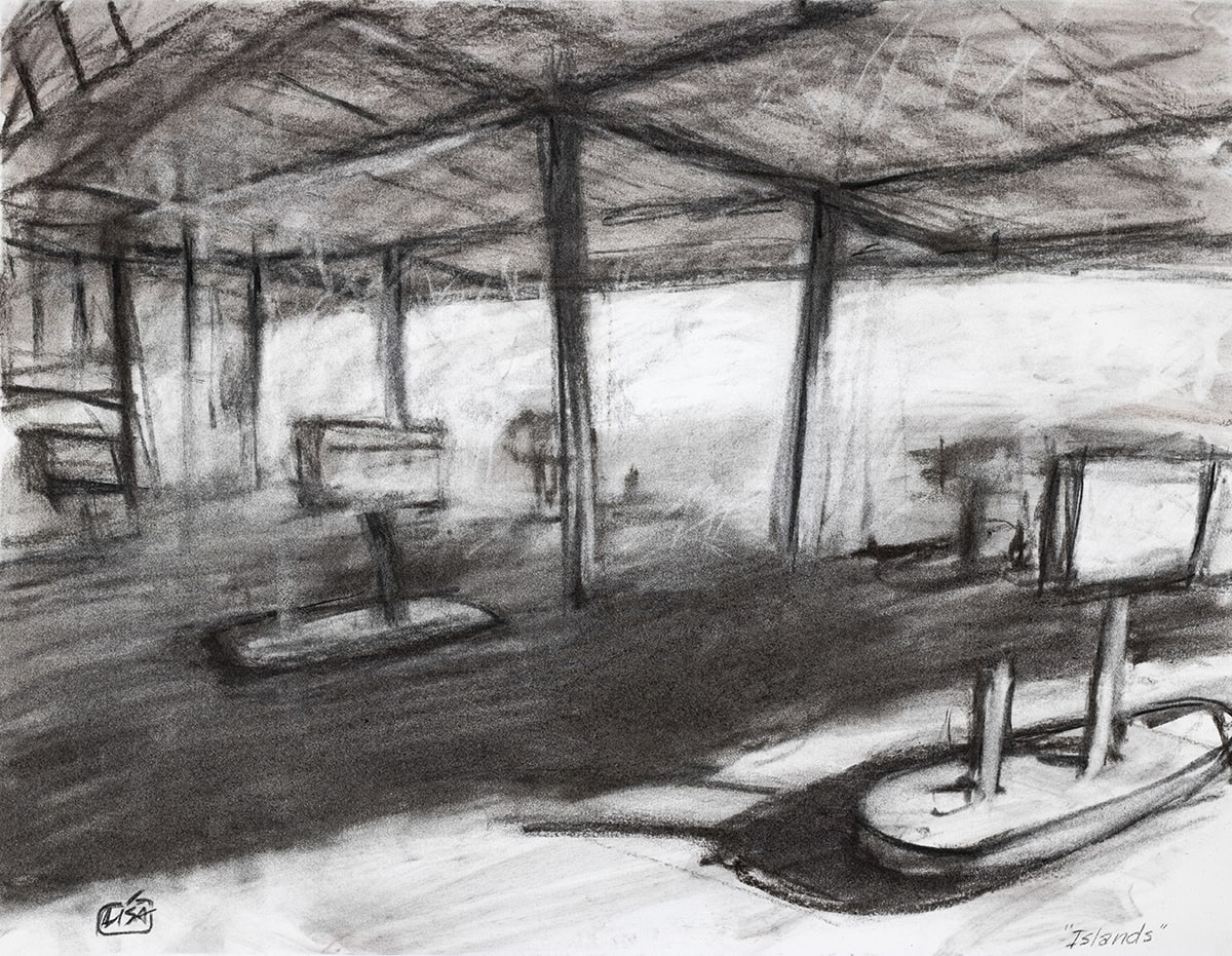 charcoal drawing of a drive-in restaurant with drive up menus