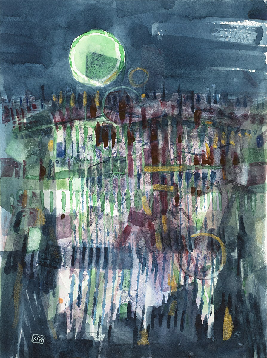 watercolor painting with circle and lines in an abstract landscape