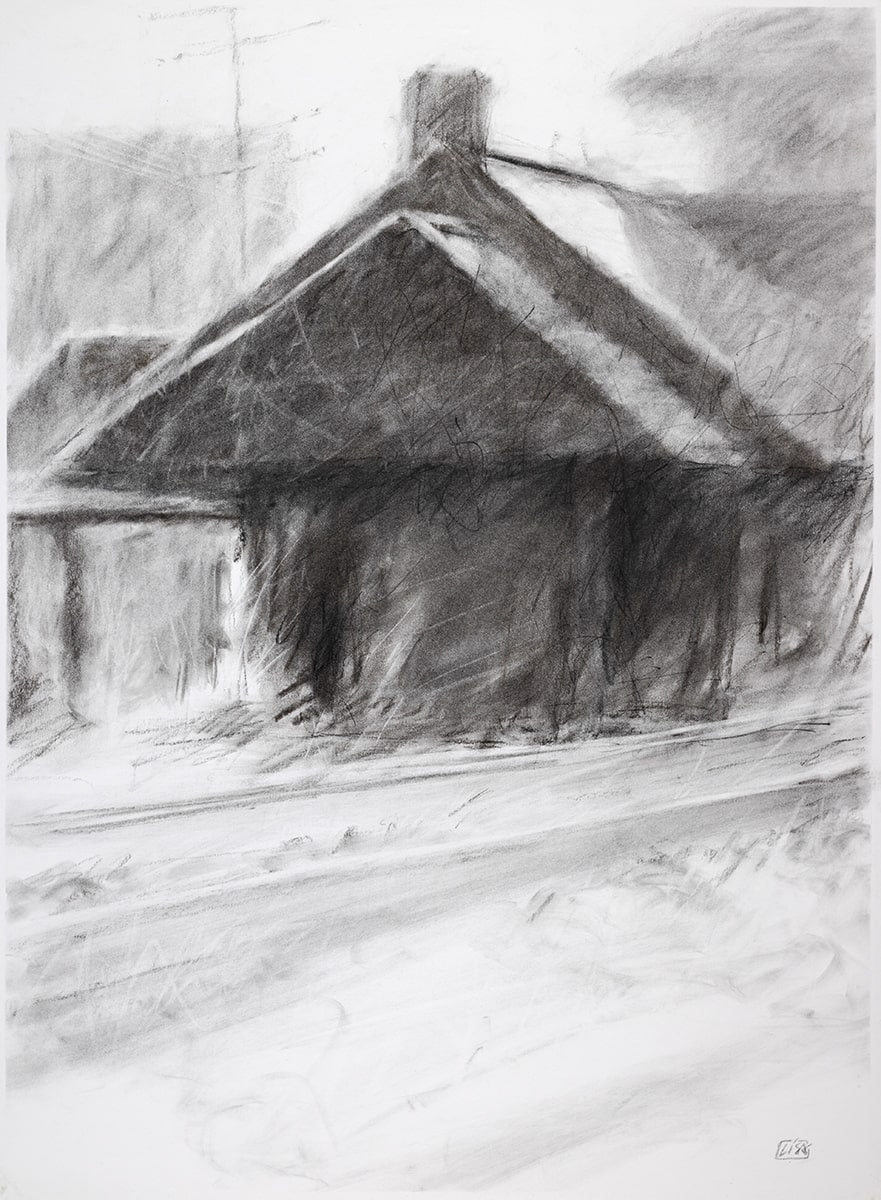 image of a train depot drawing in charcoal
