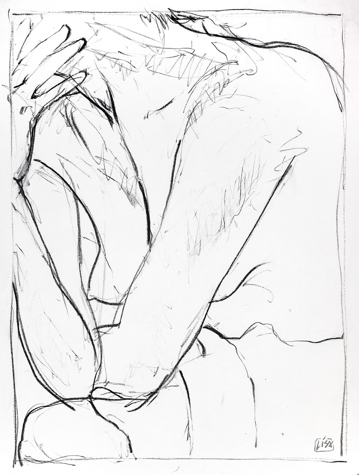 image of a charcoal drawing depicting a semi nude figure from waist to neck