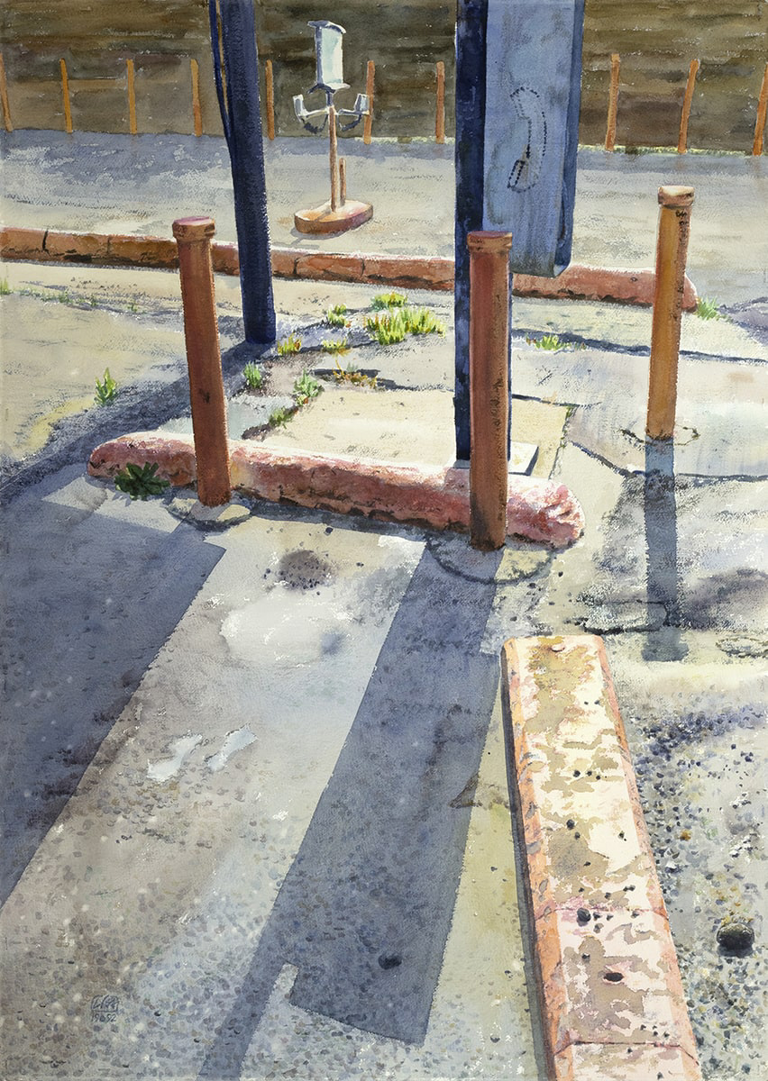 Painting of a parking lot at a drive-in eatery.