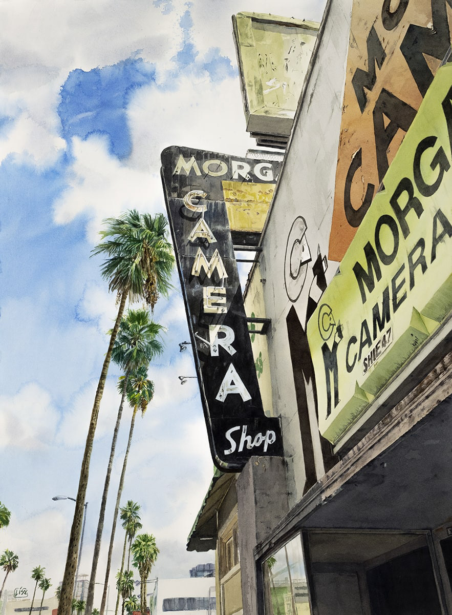 View of Morgan’s Camera storefront signage and neon sign in Hollywood CA.