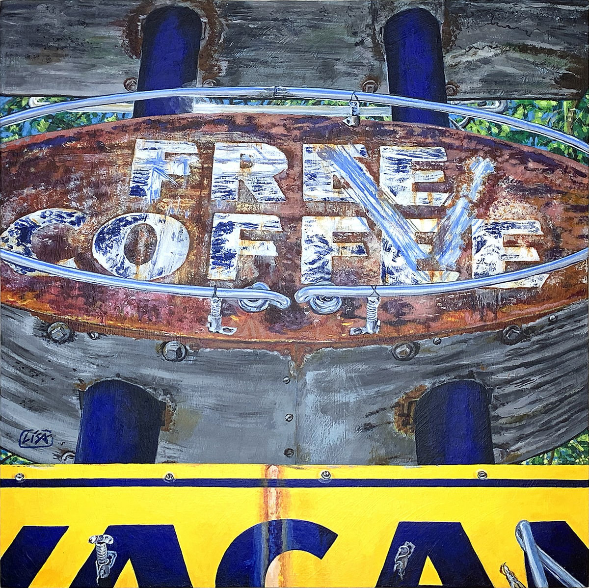 image of a sign that says free coffee, acrylic painted on board