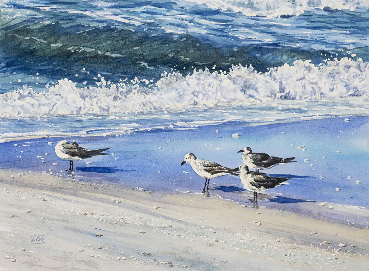 image of a watercolor painting depicting crashing waves, wet sand, and seagulls standing on the sand