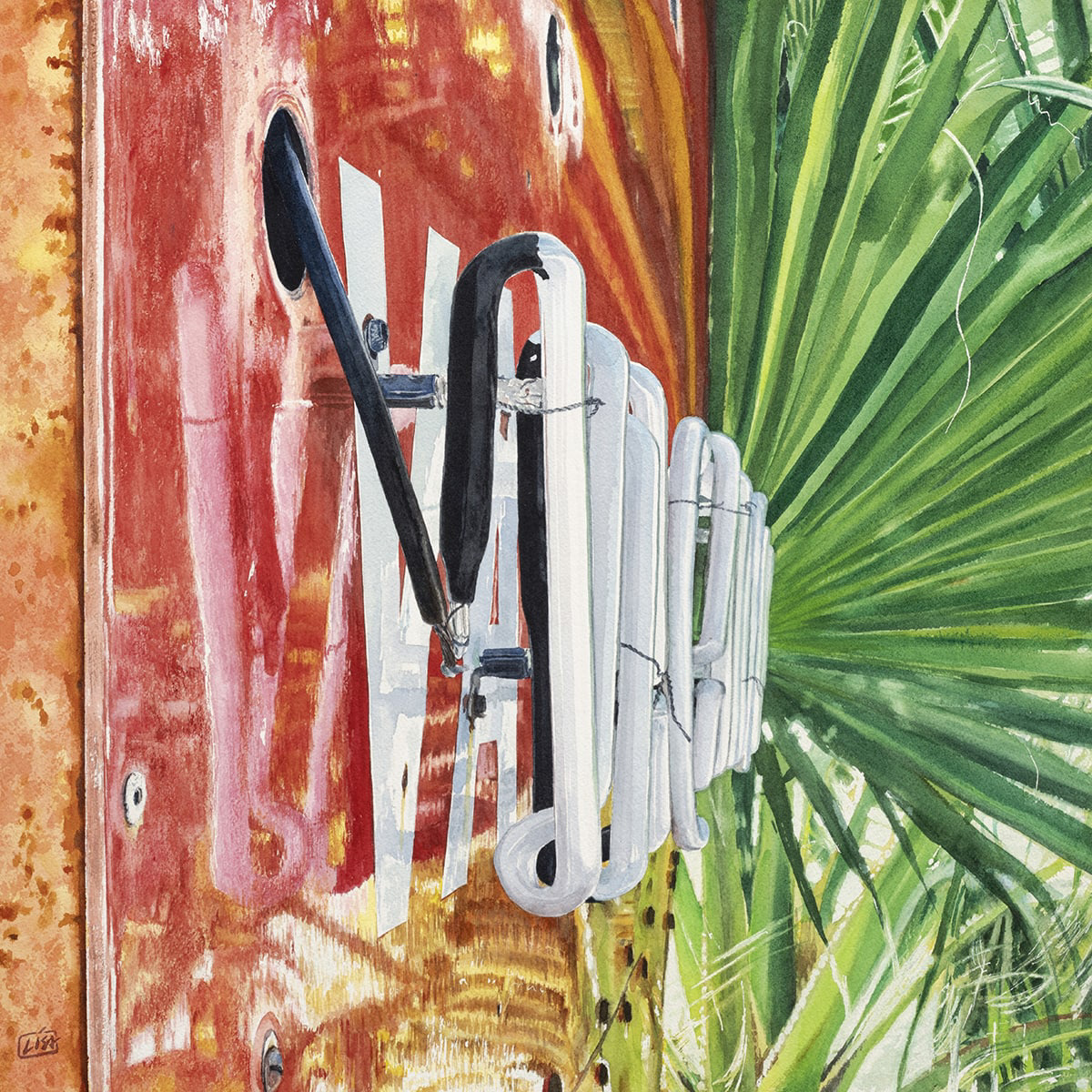 Painting of a neon sign with reflections from a palm tree in warm colors