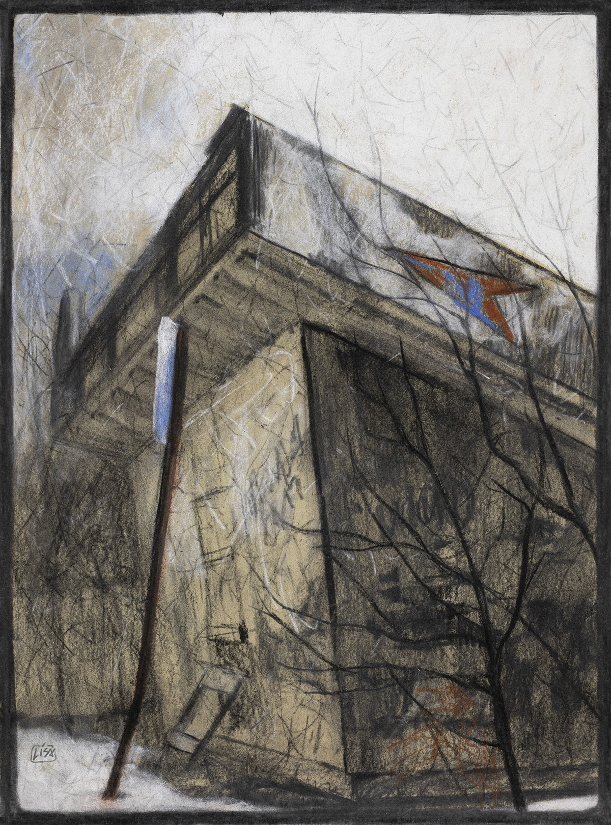 image of a charcoal drawing depicting an old abandoned gas station