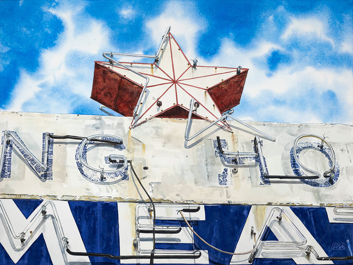 Image of a neon sign with a star shape at the top