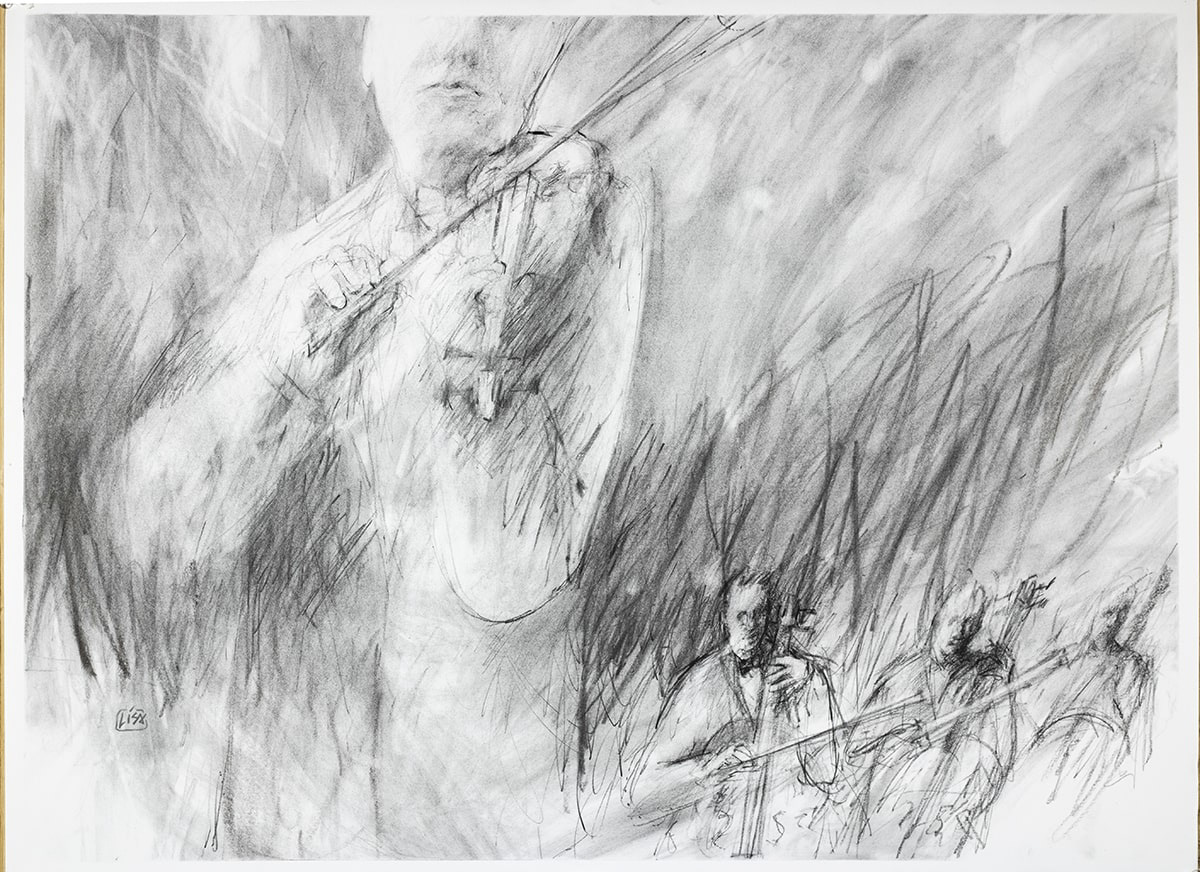 image of a charcoal drawing depicting a violinist and several chello players in an abstract setting