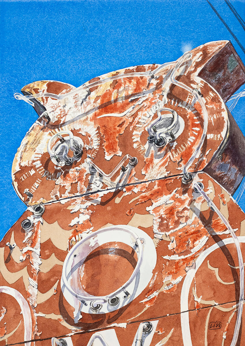 A watercolor painiting of an owl shaped neon sign with weathered surface