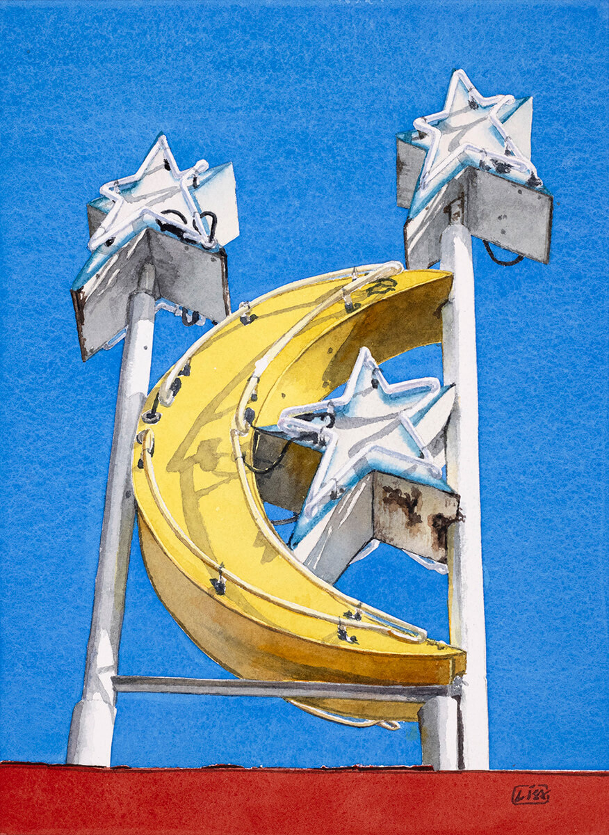 Watercolor painting depicting a neon sign with star and moon shapes contrasted with a deep sky blue