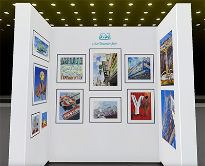 picture of artworks hung on three walls