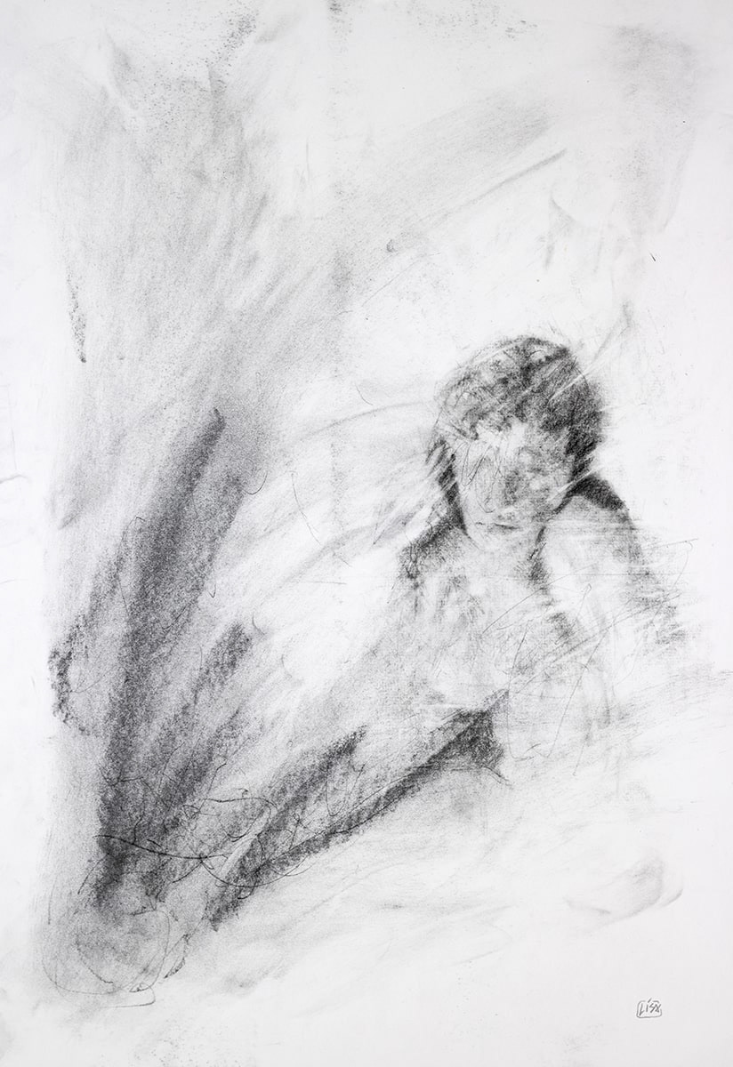 image depicting a charcoal drawing of a woman that has an abstract environment to it