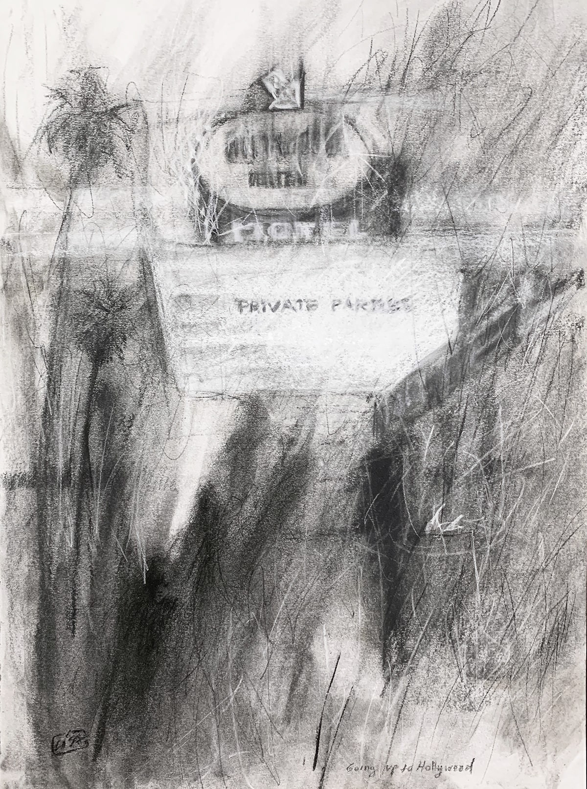 charcoal drawing of the Hollywood Center motel sign