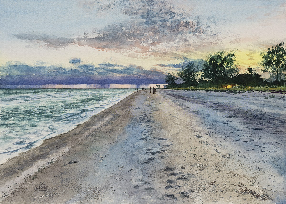 Watercolor painting of a beach and waves going back in the distance