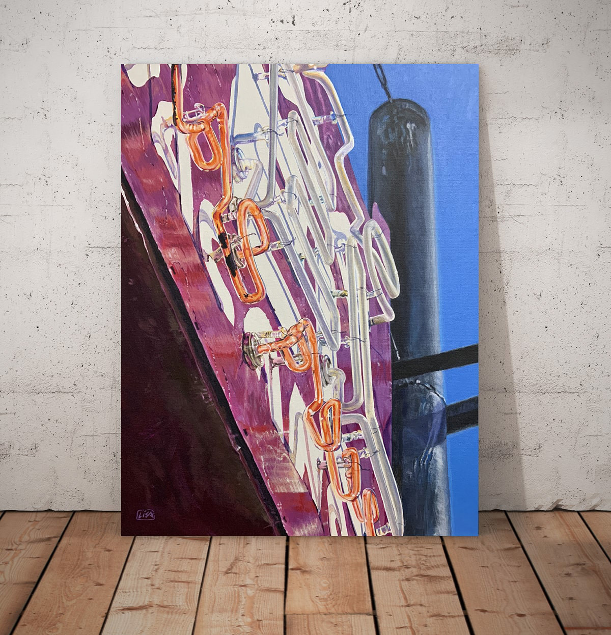 a frame mock up showing the painting "Vacancy" against a concrete wall.