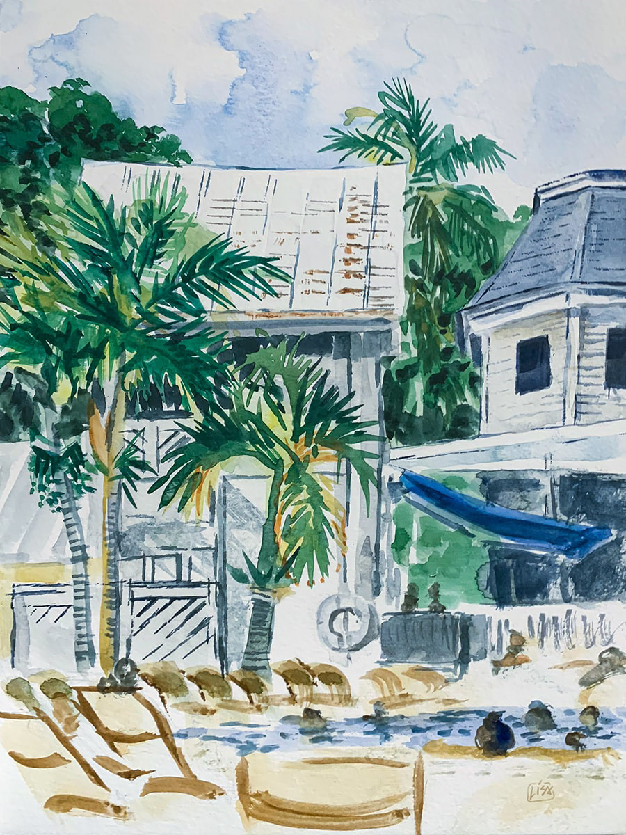 image of watercolor painting of beachhouse, pool, and palm trees