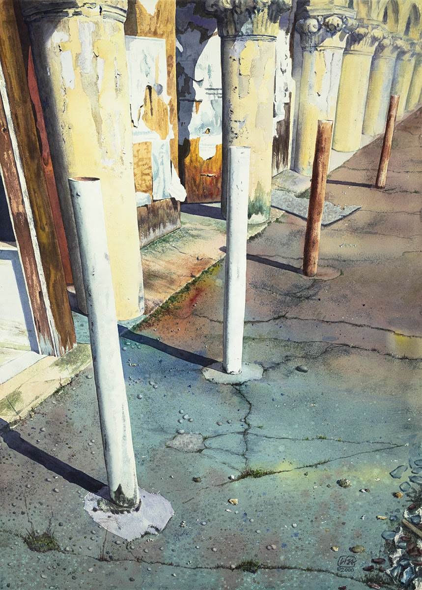 image of an abandoned building with boarded up storefronts