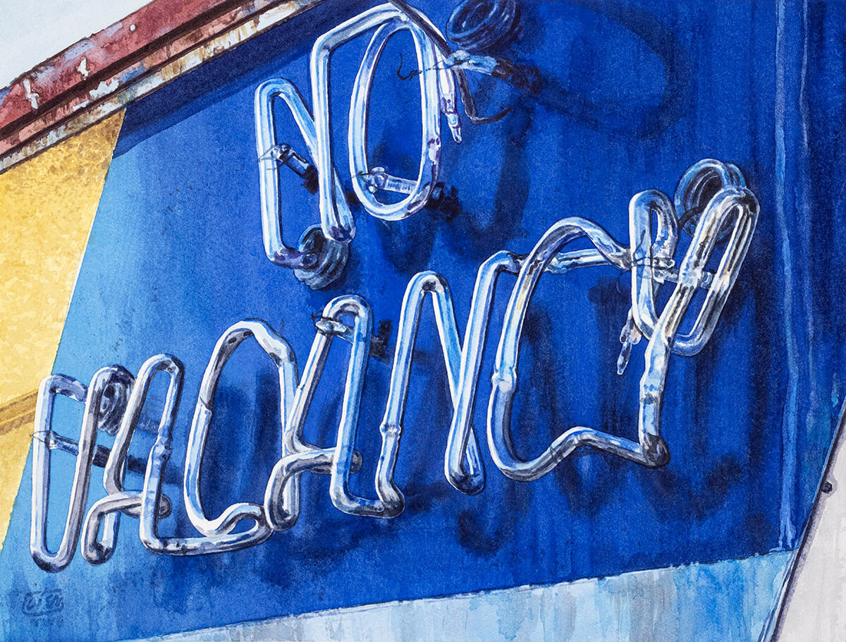 Watercolor painting of a neon no vacancy signage with blue background