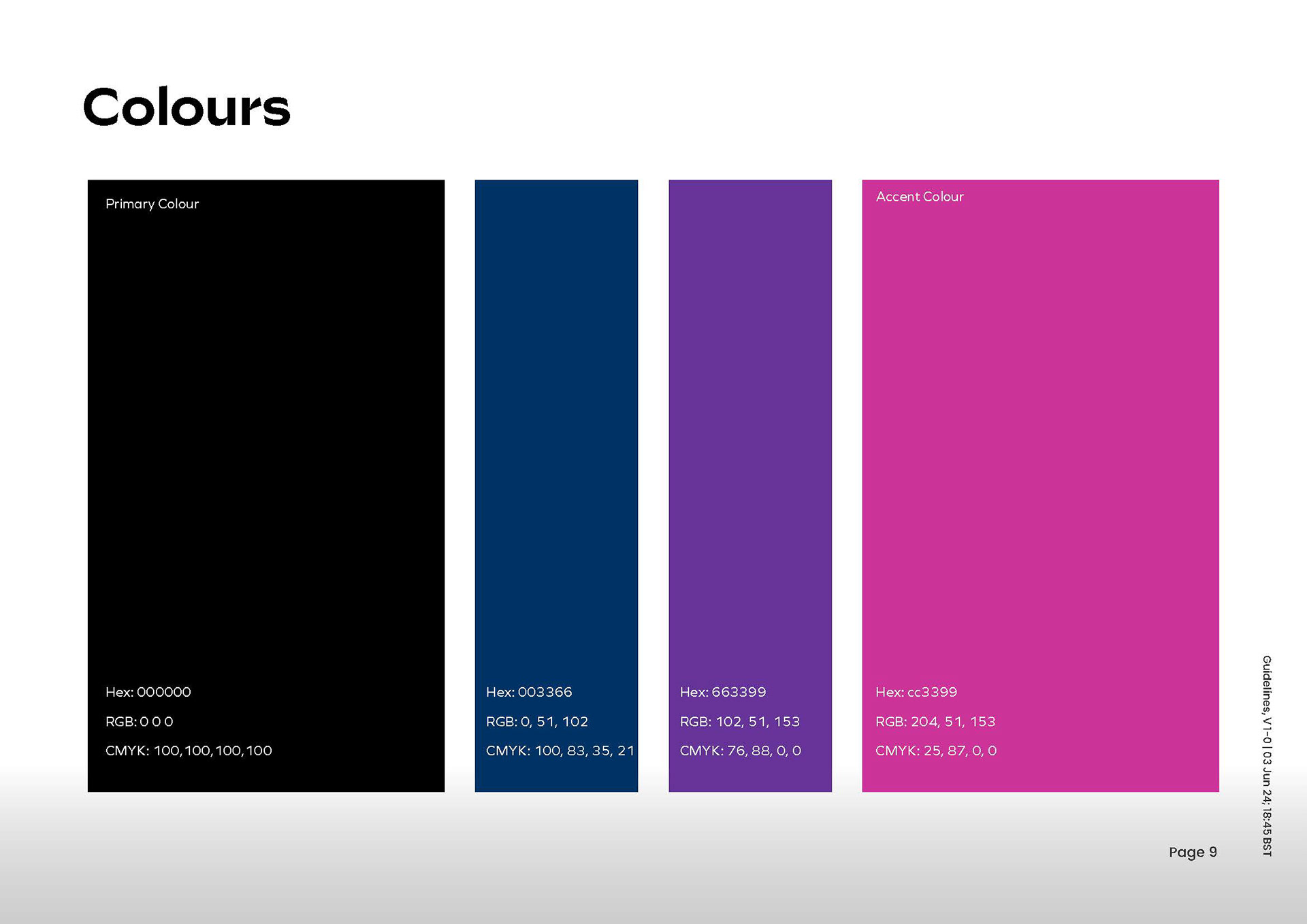 Colours and the Hex codes.