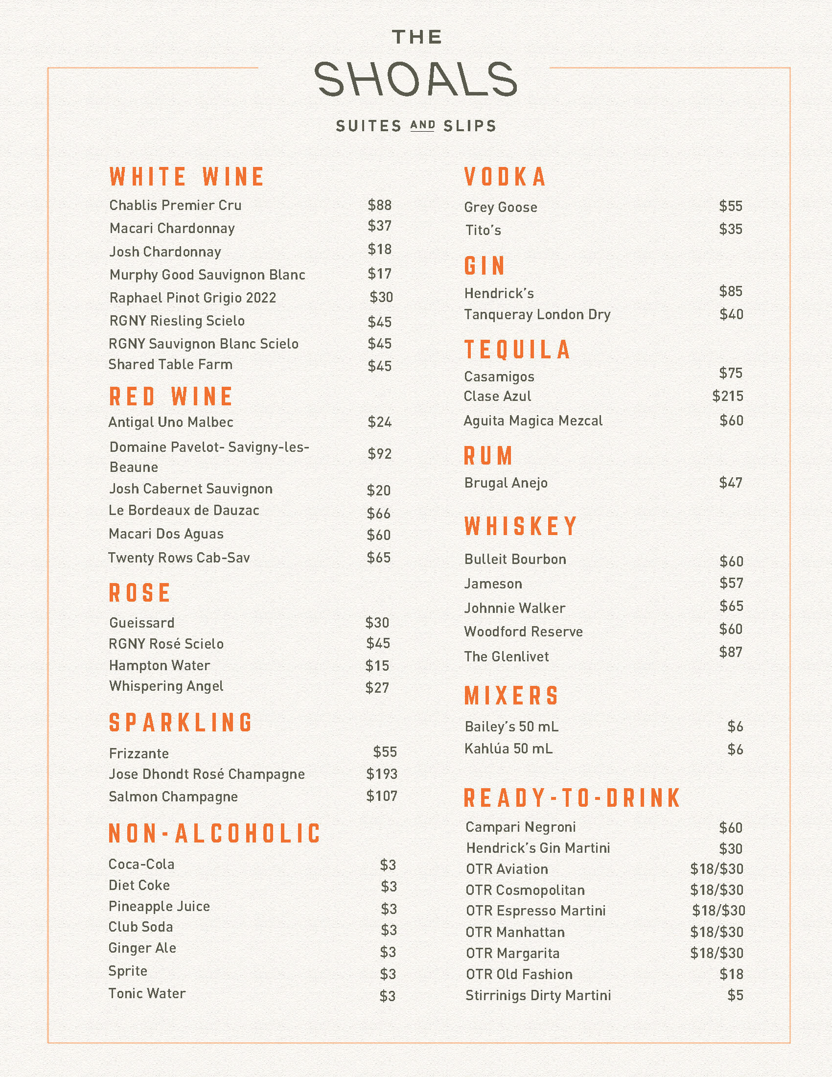 Drink Menu- The Shoals Suites & Slips, Southold NY