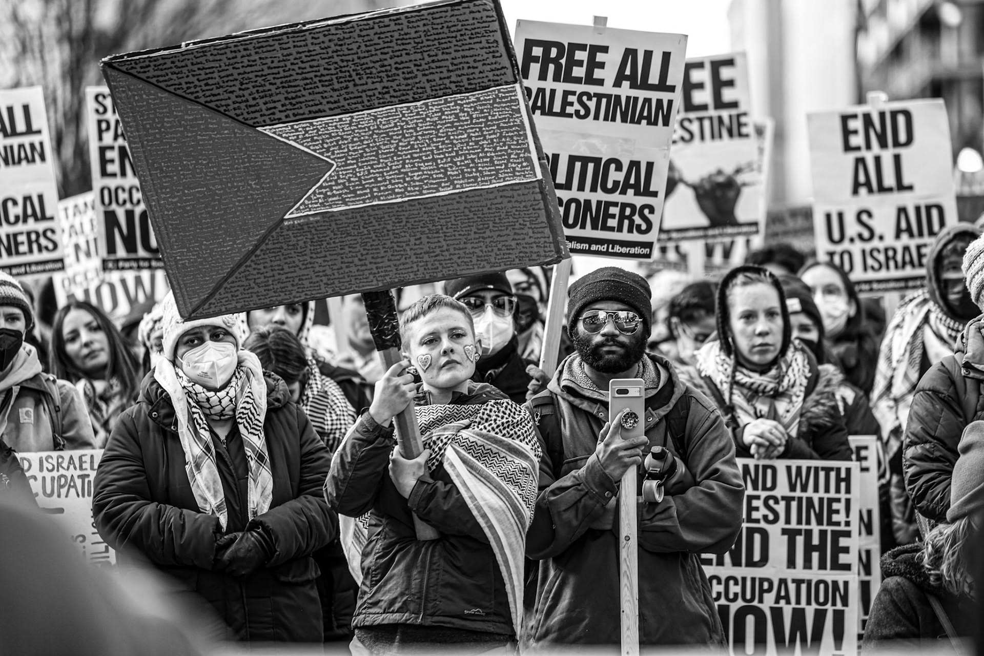 February 17, 2024, Chinatown, Washington, DC, USA. Hundreds of Pro Gaza, Pro Palestine, Pro Rafah supporters rallied in front of the “Friendship” arch in Washington’s Chinatown. Supporters demand a ceasefire, for Israel to leave Rafah, and that Israel does not have a right to defend itself. 