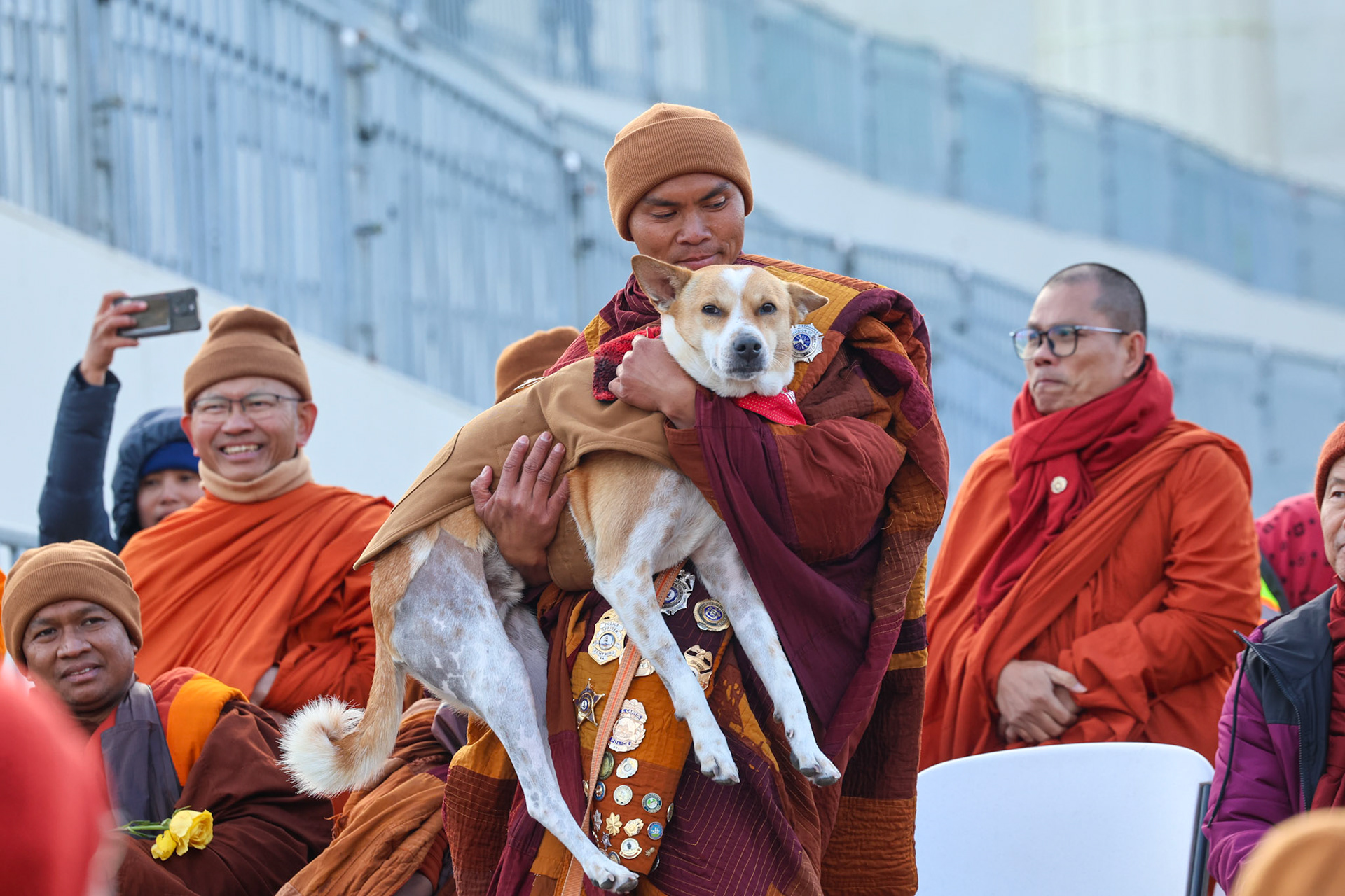 February 11, 2026, Lincoln Memorial, Washington, D.C., USA. Buddhist monks in traditional saffron robes peacefully gather at the Lincoln Memorial during the  Walk for Peace from Texas to Washington, offering prayers and meditation to promote nonviolence, compassion, inner peace, and global unity. Photo Credit: Robyn Stevens Brody/Sipa USA.