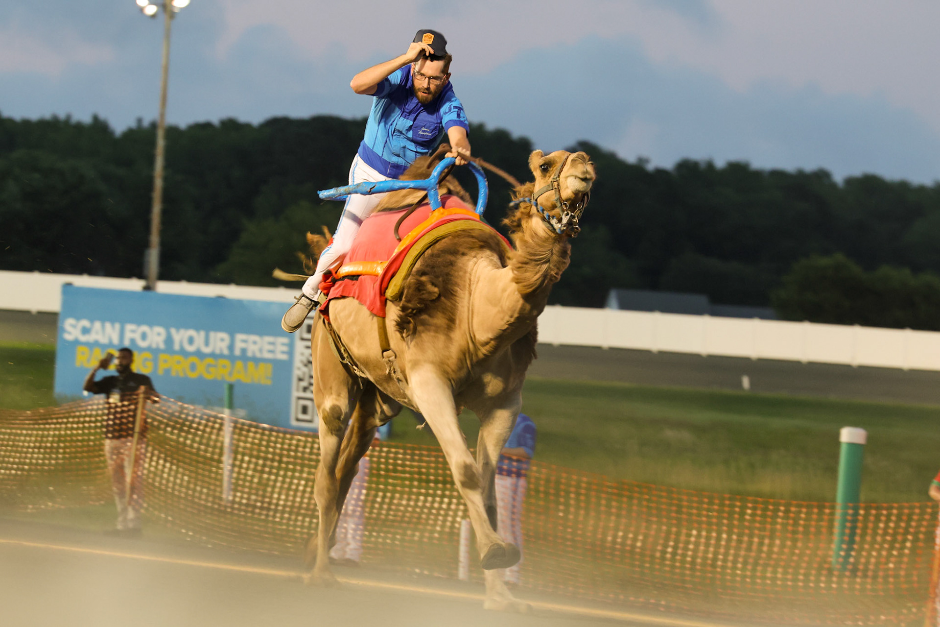 July 6, 2025. Ocean Downs, Berlin, Maryland, USA. While Camel Racing is popular in the Middle East, The Ocean Downs casino and track in the USA held a special night with one camel race about 100 yards in distance.  Photo Credit: Robyn Stevens Brody/Sipa USA.