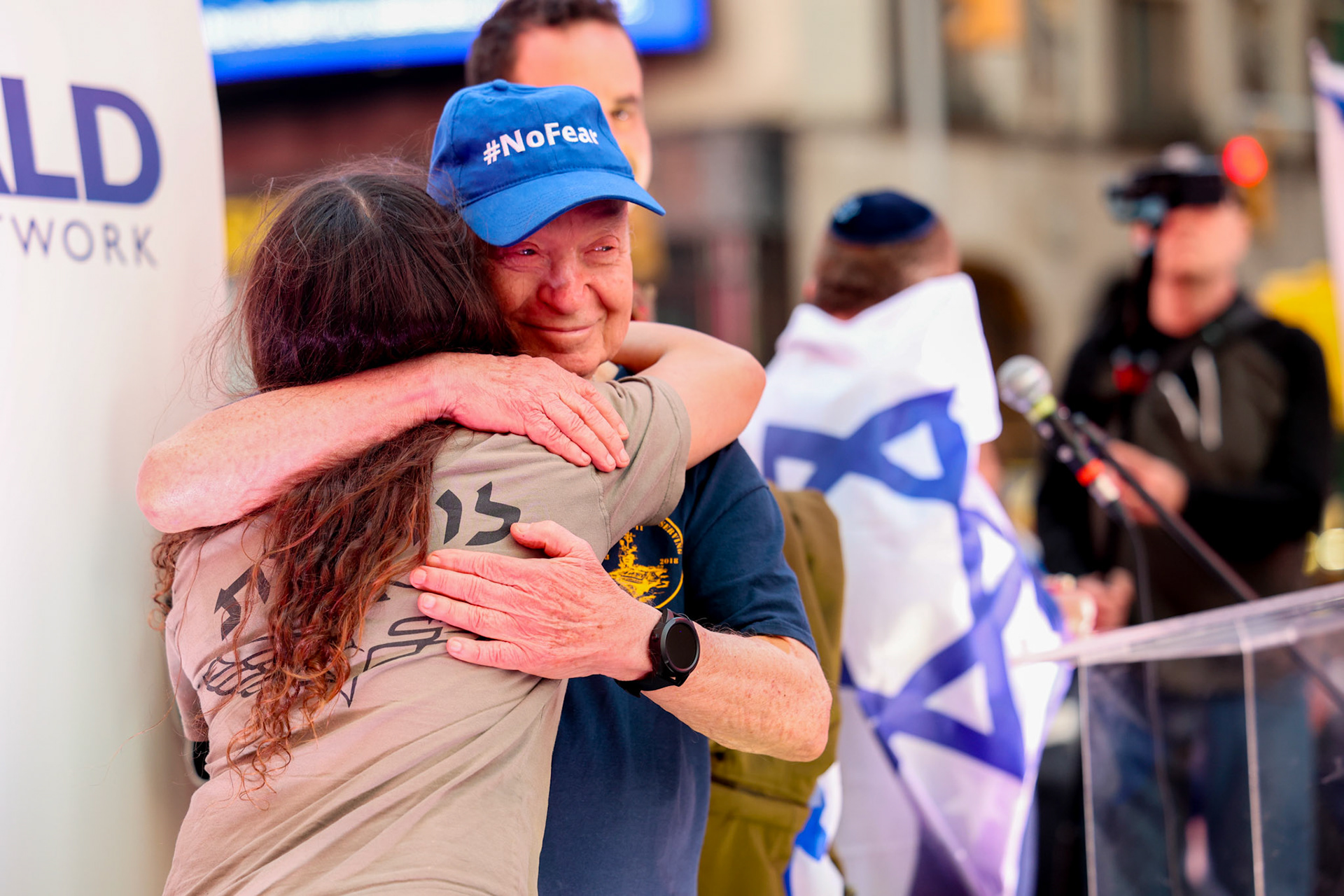 October 7, 2024, Times Square, New York, USA. A large group of Pro-Israel supporters gathered in Times Square. There were speakers, affirmations and music. October 7th is the largest loss of Jewish life after the Holocaust. The event was outside to show that "we are not afraid".  Photo Credit: Robyn Stevens Brody/Sipa USA.