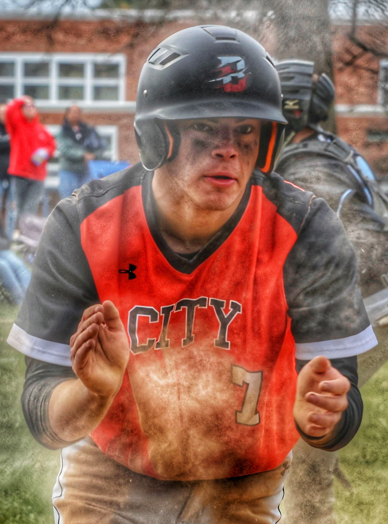 Baseball. Base runner trips on his way home, earns a run and picks himself back up.
