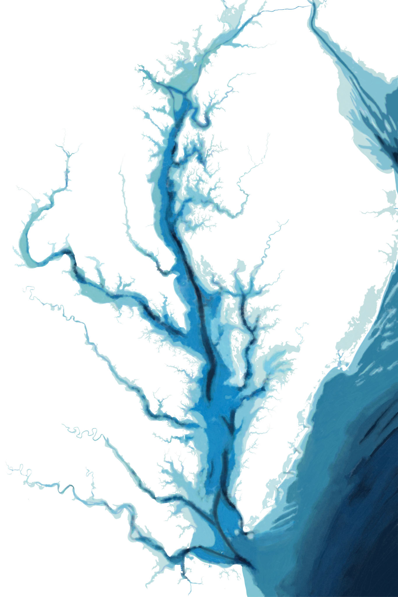 A handdrawn digital bathymetric painting of the water depths of the Chesapeake Bay