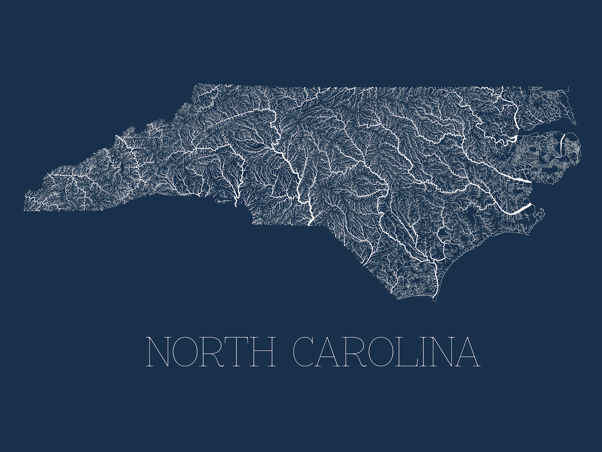 A handdrawn highly detailed map of every ditch, stream, creek and river in North Carolina
