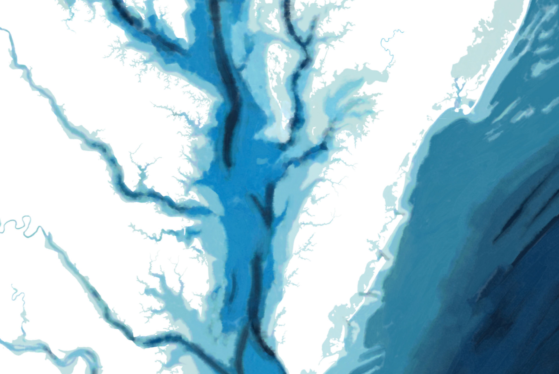 A handdrawn digital bathymetric painting of the water depths of the Chesapeake Bay