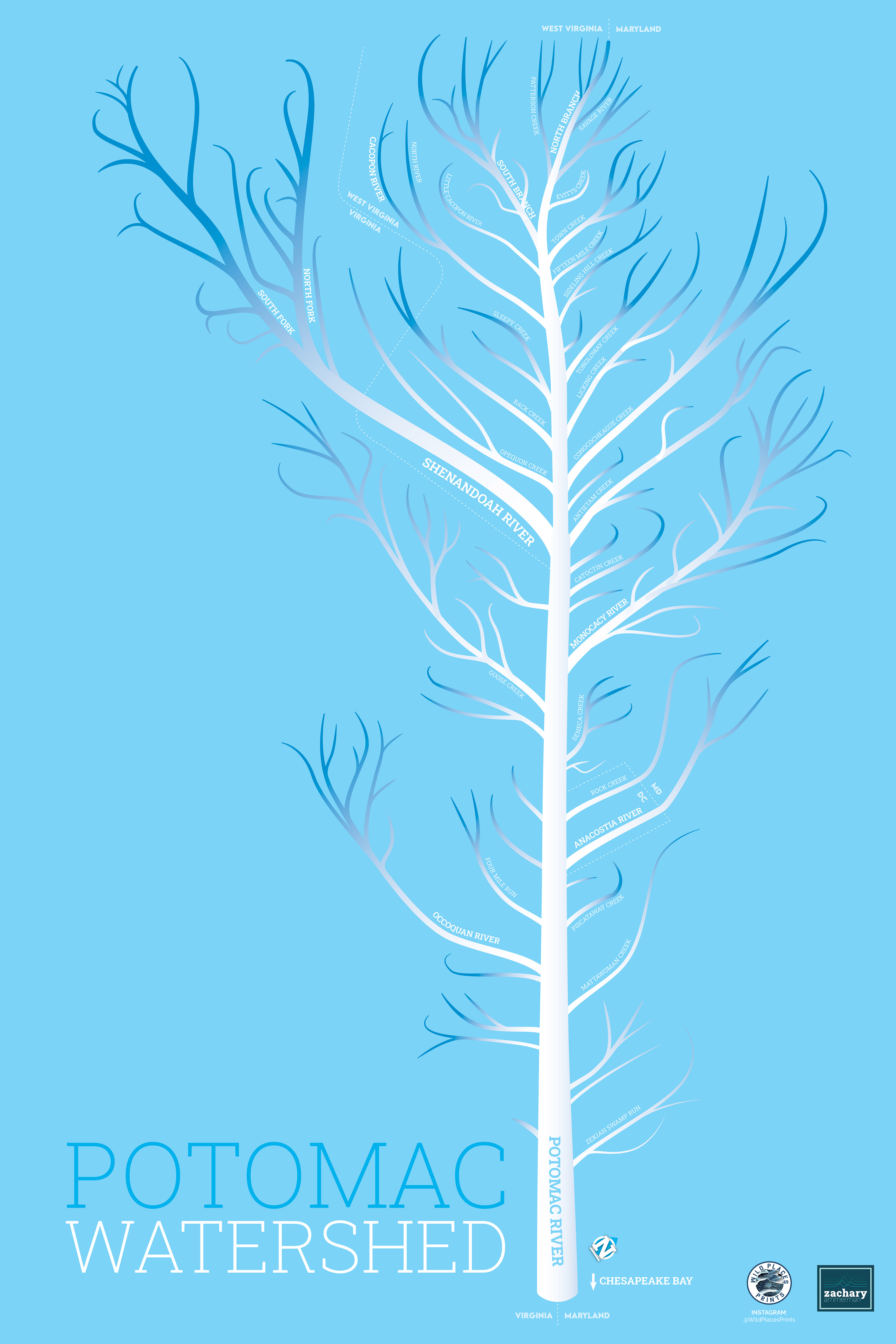 A highly stylized map of the Potomac River's watershed