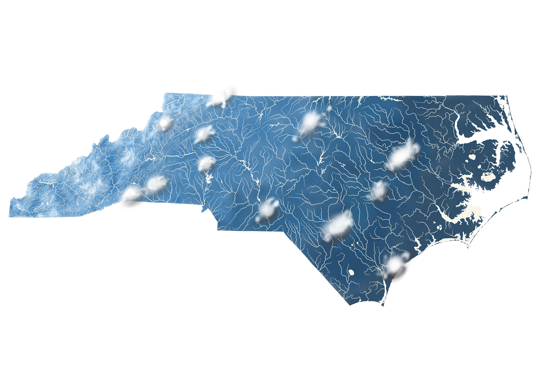 A massive handdrawn 24x36 of North Carolina's rivers and major streams, with handdrawn and shaded topography