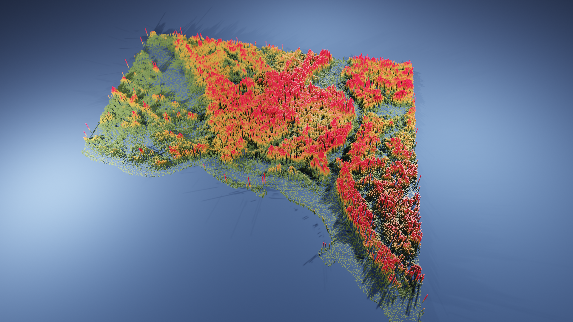 3D map of DC's land surface temperature using satellite data from July 2018, coolest temperatures in green, hottest in red. Temperatures vary from around 70 degrees F to over 116. On the hot end, you can clearly make out large avenues, highways, parking lots, rail lines and industrial zones. On the cool end, you can see almost the exact flow of rivers and the precise park boundaries of several large and small parks. Additionally, you can see the huge disparities between wealthy parts of Wards 2, 4, and 3 especially, and most of the rest of DC.