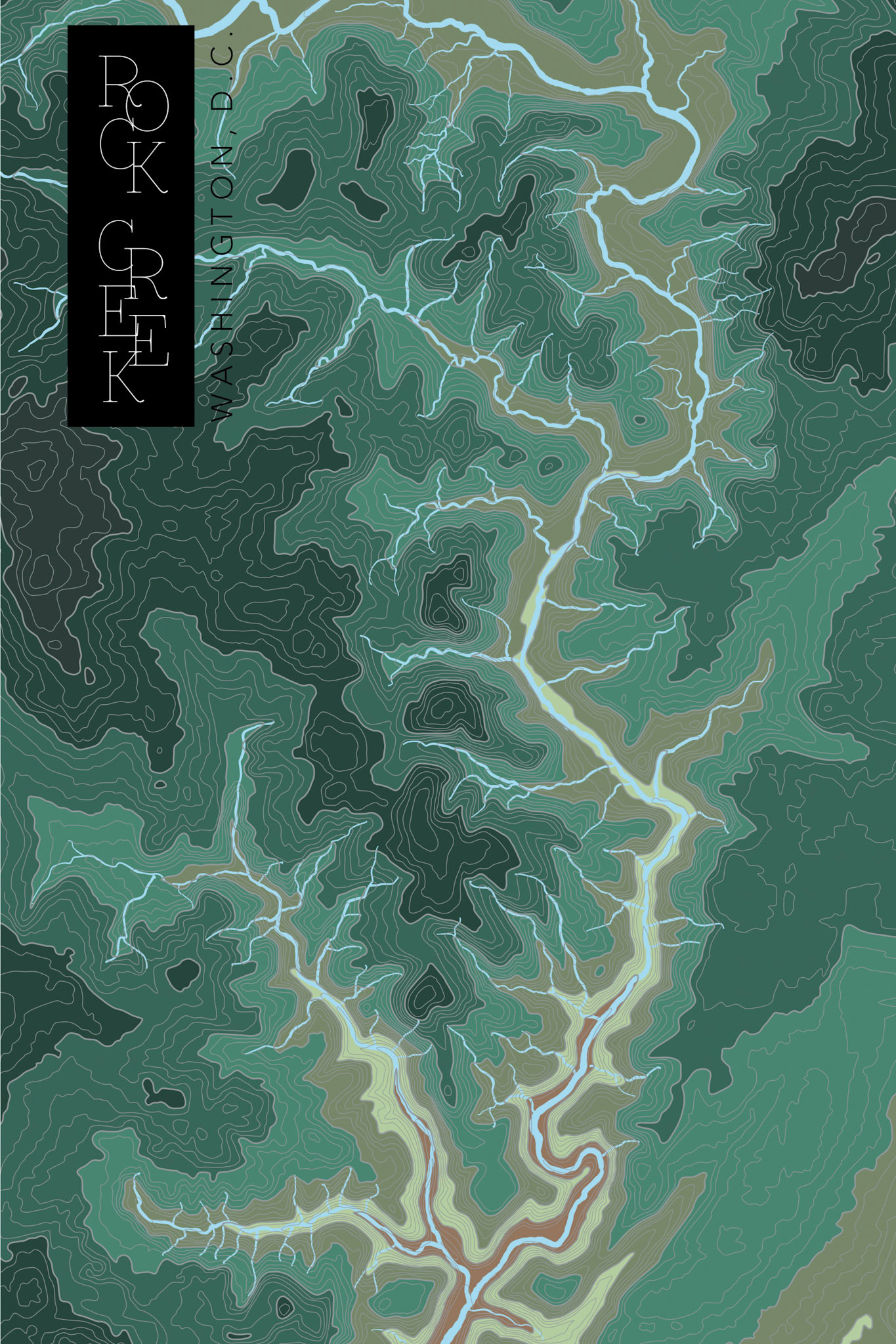 A handdrawn topographic map print of Rock Creek in Washington, D.C.