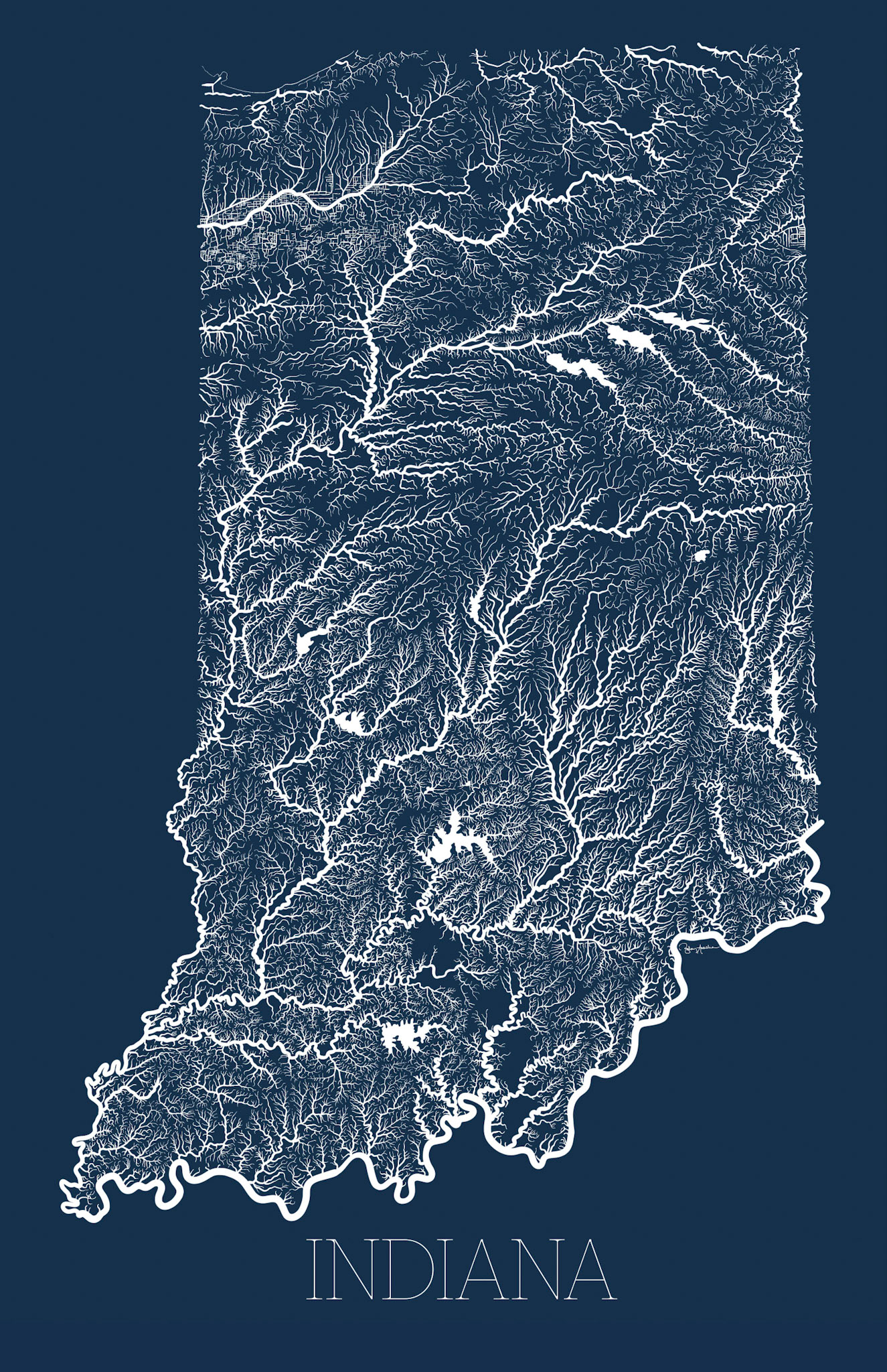 A handdrawn highly detailed map of every ditch, stream, creek and river in Indiana