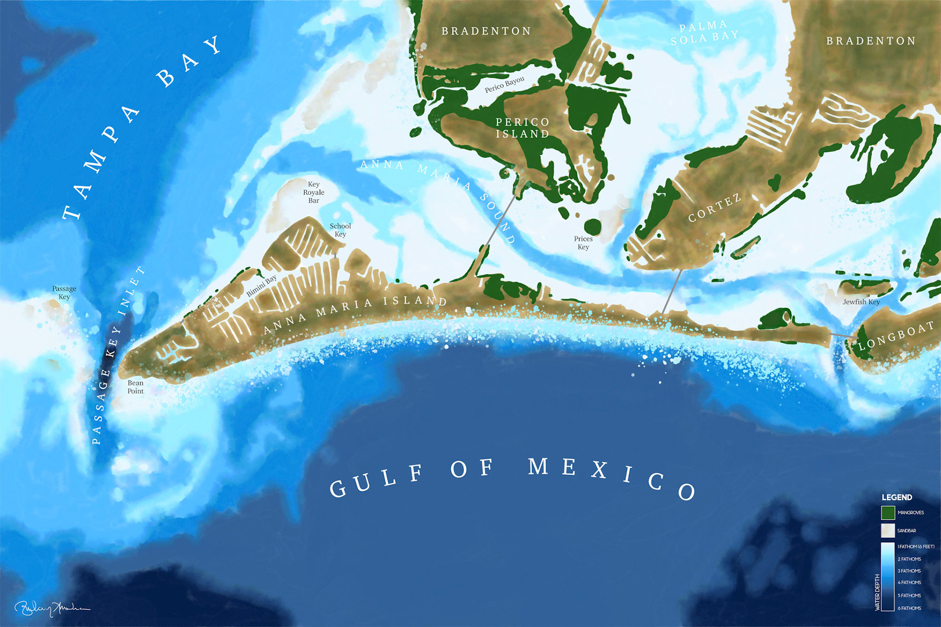 A handdrawn digital bathymetric painting of Anna Maria Island's surrounding waterways