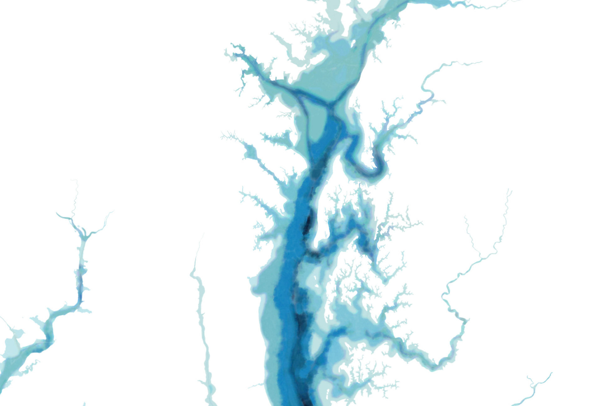 A handdrawn digital bathymetric painting of the water depths of the Chesapeake Bay