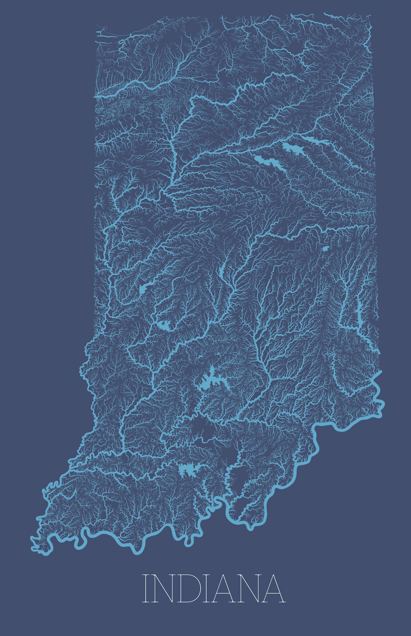 A handdrawn highly detailed map of every ditch, stream, creek and river in Indiana