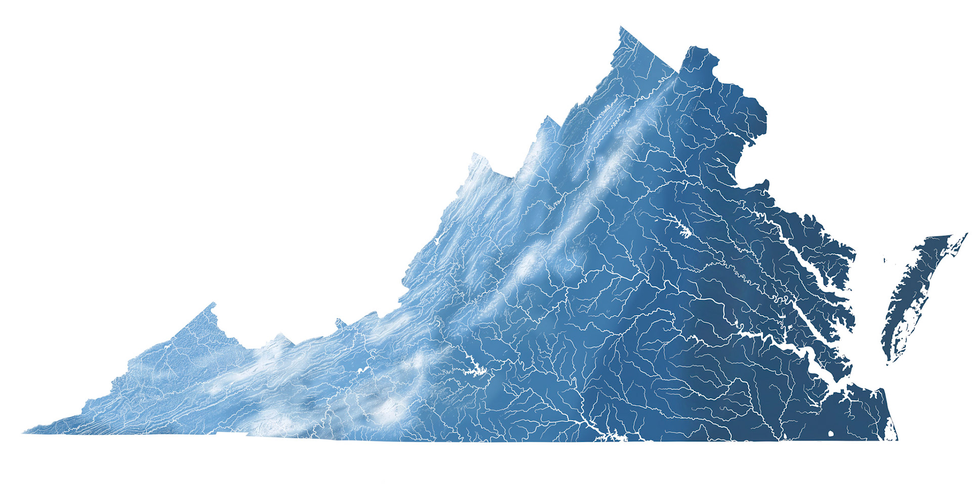 A massive handdrawn 24x36 of Virginia's rivers and major streams, with handdrawn and shaded topography
