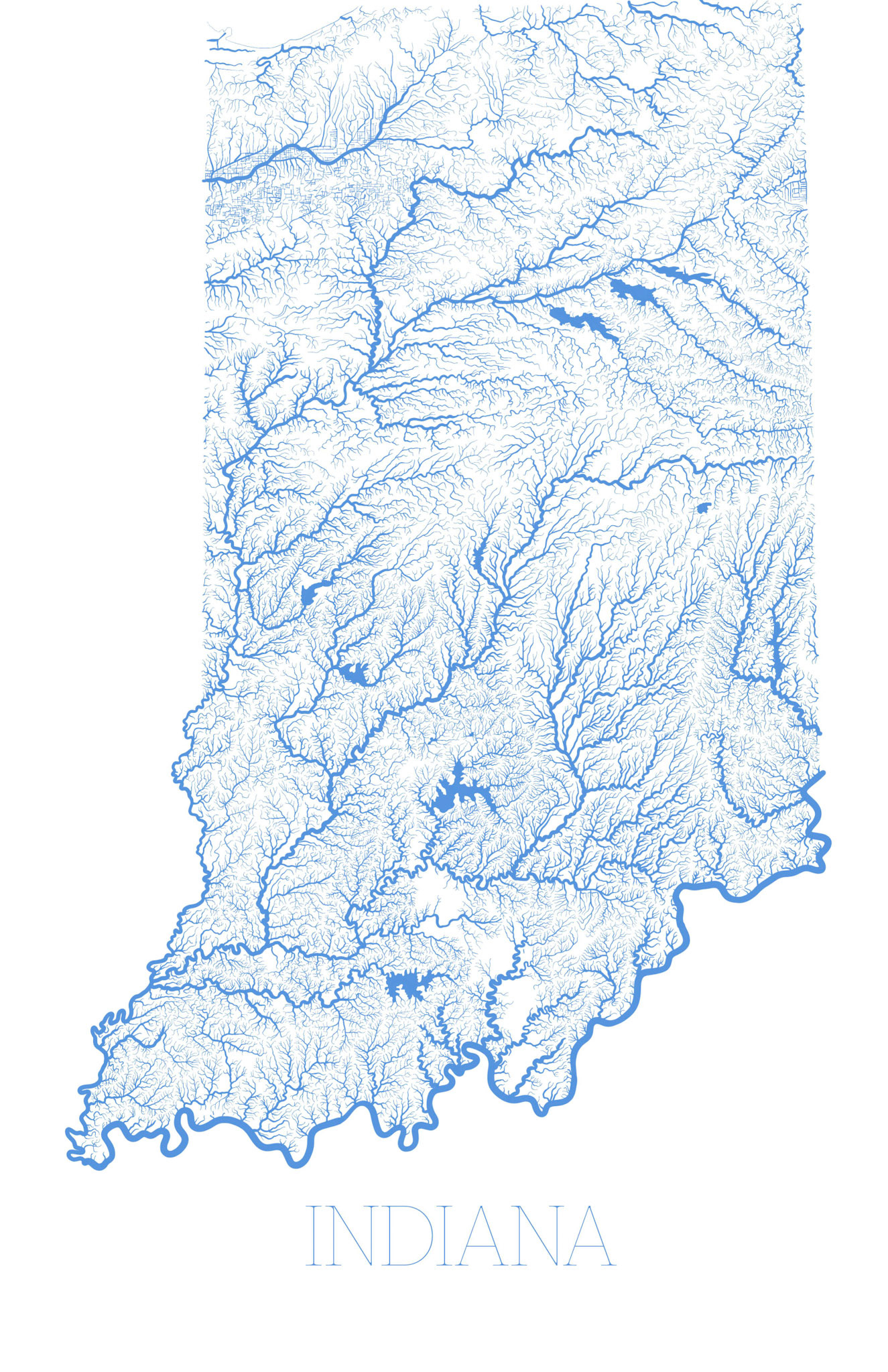 A handdrawn highly detailed map of every ditch, stream, creek and river in Indiana
