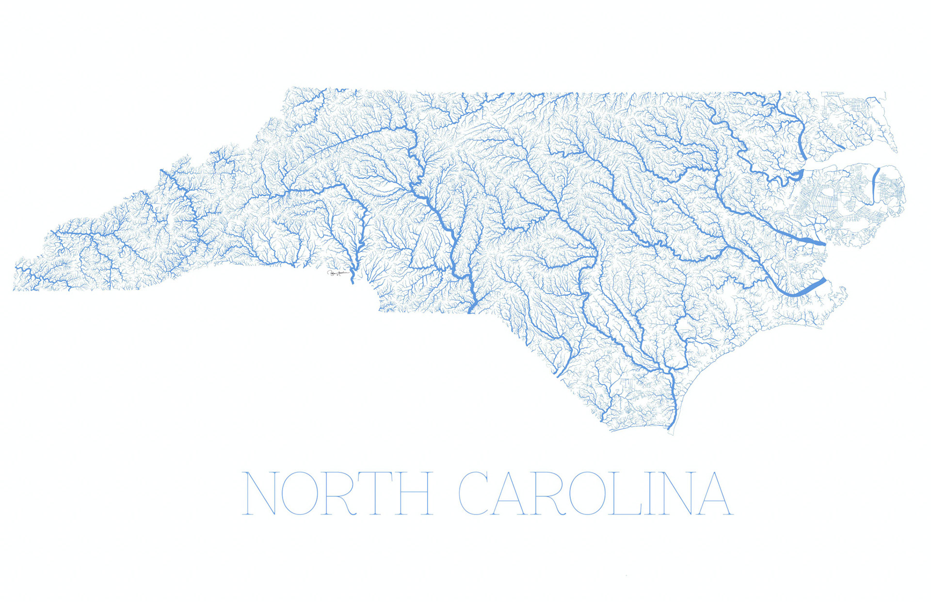 A handdrawn highly detailed map of every ditch, stream, creek and river in North Carolina