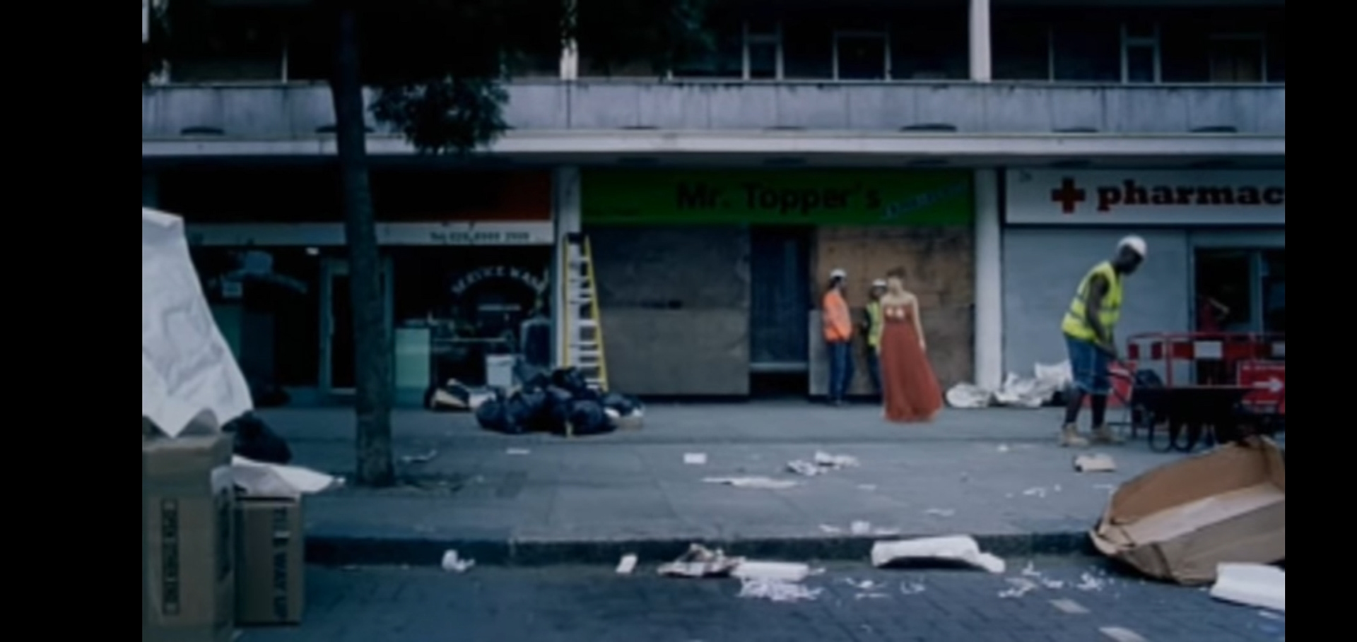 Still from LDN by Lily Allen - reimagined shopping parade on Golborne Road, opposite Trellick Tower
